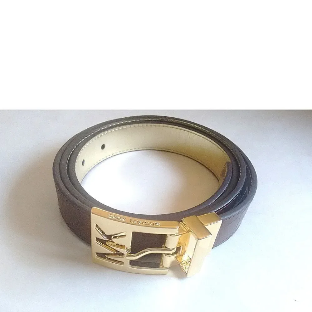 New! MICHAEL KORS MK Logo Women's Reversible Leather Belt Brown Gold Size Large